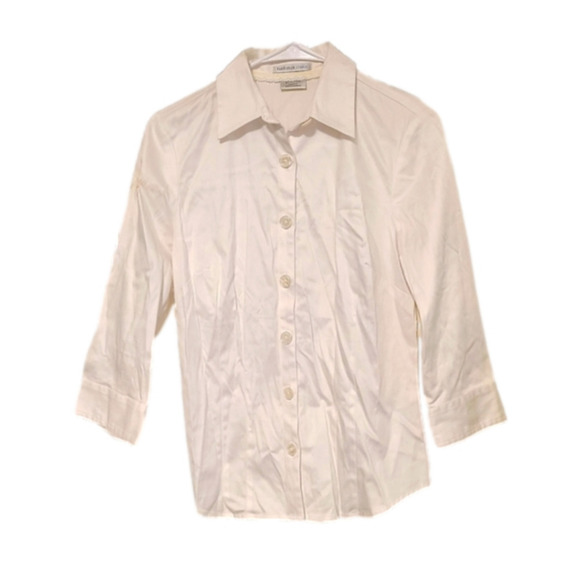 Van Heusen Studio White Button Down Quarter Sleeve Top with Ruched Back for Fit - Picture 1 of 6